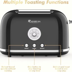 Toaster 2 Slice Retro Toaster Stainless Steel With 6 Bread Shade Settings And Bagel Cancel Defrost Reheat Function, Cute Bread Toaster With Extra Wide Slot And Removable Crumb Tray - Image 9