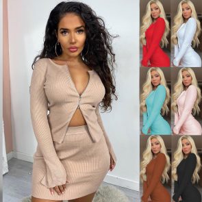 European And American Ins Double Zipper Sunken Stripe Long Sleeve Top Skirt Two-piece Set - Image 1