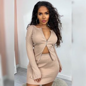 European And American Ins Double Zipper Sunken Stripe Long Sleeve Top Skirt Two-piece Set - Image 10