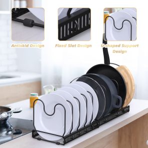 Expandable Pans Organiser Rack,Pot And Pan Lid Holder With 10 Adjustable Dividers,Bakeware Saucepan Lid Storage For Kitchen Cupboard, Black - Image 6