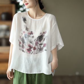 Summer New Vintage Ink Print Front Short Back Long Casual T-shirt - Image 6