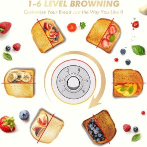 Toaster 2 Slice Retro Toaster Stainless Steel With 6 Bread Shade Settings And Bagel Cancel Defrost Reheat Function, Cute Bread Toaster With Extra Wide Slot And Removable Crumb Tray - Image 2