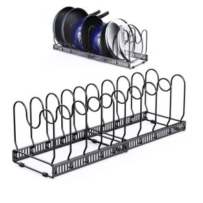 Expandable Pans Organiser Rack,Pot And Pan Lid Holder With 10 Adjustable Dividers,Bakeware Saucepan Lid Storage For Kitchen Cupboard, Black - Image 1