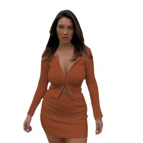 European And American Ins Double Zipper Sunken Stripe Long Sleeve Top Skirt Two-piece Set - Image 2