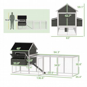 137" Wooden Chicken Coop for 4-6 Chickens, Backyard, Dark Gray - Image 7