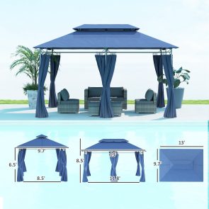 10 x 13 Double Roof Patio Gazebo, Outdoor Gazebo with Curtains, for Garden, Lawn, Backyard and Deck, Dark Blue - Image 4