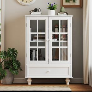Minimalist White Buffet Cabinet With Double Glass Doors And Drawer, Modern Wooden Storage Sideboard Cupboard For Living Room, Dining Room Hallway Entryway - Image 8