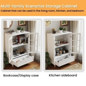 Minimalist White Buffet Cabinet With Double Glass Doors And Drawer, Modern Wooden Storage Sideboard Cupboard For Living Room, Dining Room Hallway Entryway - Image 5