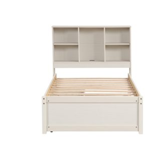 Modern Twin Size Bed Frame With Built-in USB Port On Bookcase Headboard And 2 Drawers For White Washed Color - Image 9