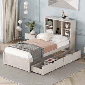 Modern Twin Size Bed Frame With Built-in USB Port On Bookcase Headboard And 2 Drawers For White Washed Color - Image 1