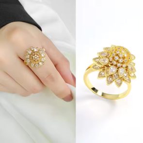 Flower Adjustable Open Gold Ring For Women, Trendy Elegant Unique Cubic Zirconia Enamel Front Open Floral Leaf Easter Jewelry Gift-flower - Image 1
