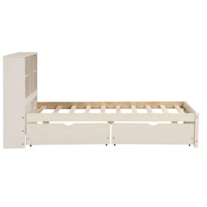Modern Twin Size Bed Frame With Built-in USB Port On Bookcase Headboard And 2 Drawers For White Washed Color - Image 6
