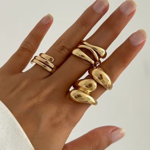 A Set Of 4 Elegant And Minimalist Golden Rings, Adjustable Open Rings For Women, Featuring A MultiLayer Spiral And Teardrop Geometric Design, Suitable For All Seasons - Image 1