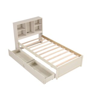 Modern Twin Size Bed Frame With Built-in USB Port On Bookcase Headboard And 2 Drawers For White Washed Color - Image 5
