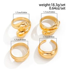 A Set Of 4 Elegant And Minimalist Golden Rings, Adjustable Open Rings For Women, Featuring A MultiLayer Spiral And Teardrop Geometric Design, Suitable For All Seasons - Image 2