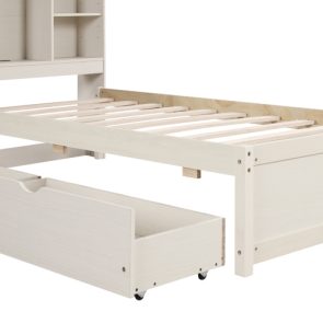 Modern Twin Size Bed Frame With Built-in USB Port On Bookcase Headboard And 2 Drawers For White Washed Color - Image 10