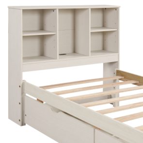 Modern Twin Size Bed Frame With Built-in USB Port On Bookcase Headboard And 2 Drawers For White Washed Color - Image 7