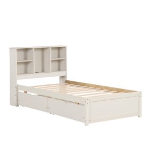 Modern Twin Size Bed Frame With Built-in USB Port On Bookcase Headboard And 2 Drawers For White Washed Color - Image 8