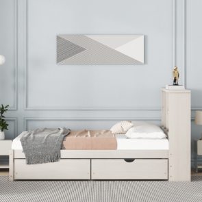 Modern Twin Size Bed Frame With Built-in USB Port On Bookcase Headboard And 2 Drawers For White Washed Color - Image 4